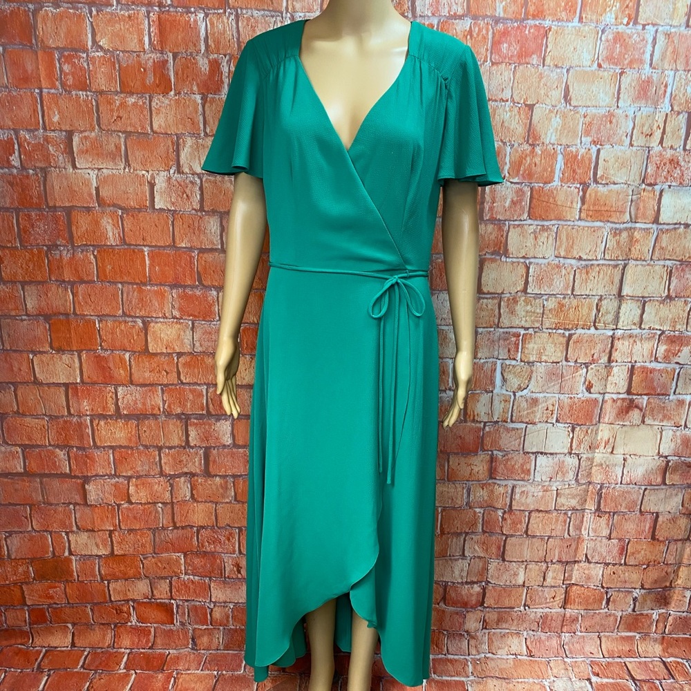 Premier Amour Green Georgette High-Low Mock Wrap Dress
